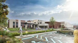 Exterior rendering of a rehabilition center, with lush landscaping.