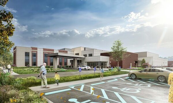 Exterior rendering of a rehabilition center, with lush landscaping.