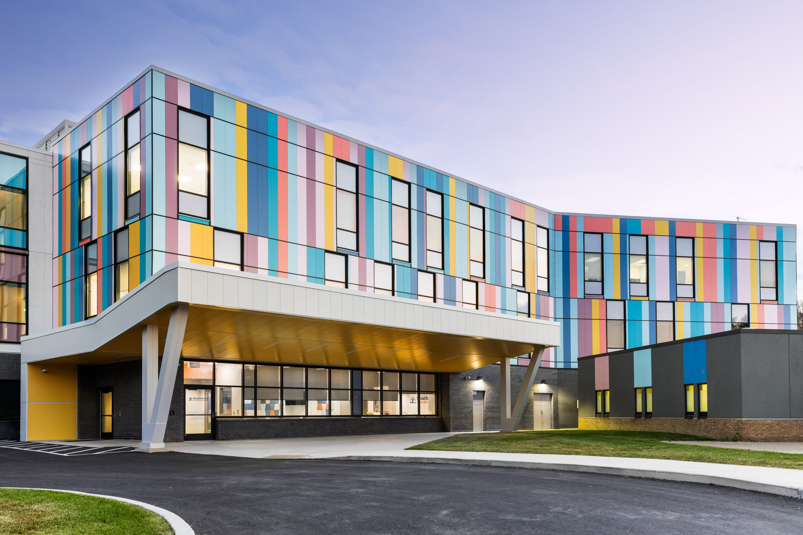 Southwood Psychiatric Inpatient Hospital featuring colorful paneled walls.