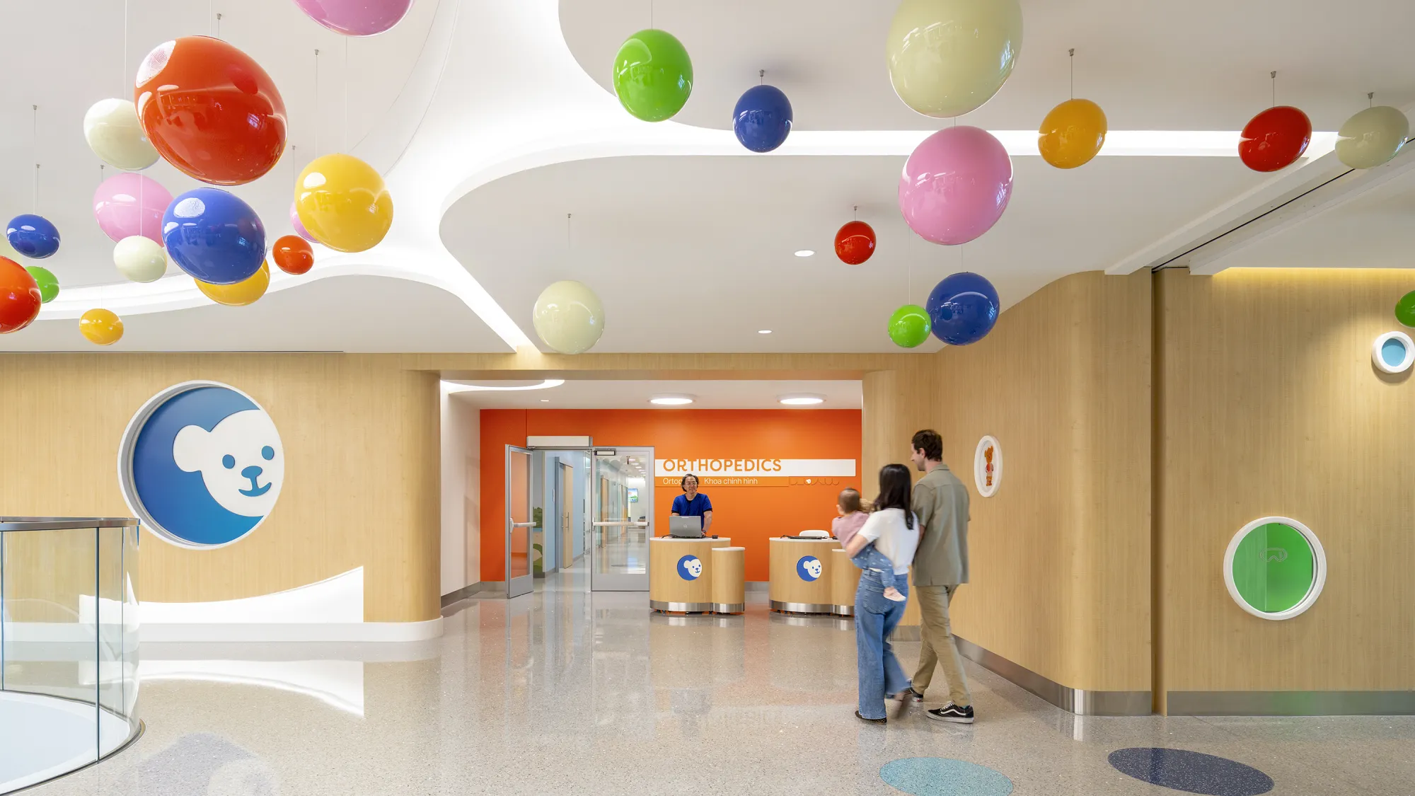 A children's hospital room with bright, colorful objects filling the room.