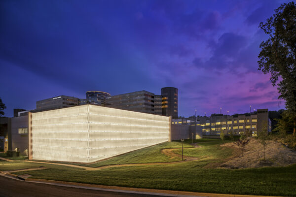Exterior view of Inova Schar Cancer Institute at sunset
