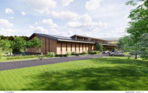Exterior rendering of Strony Brook Perkins Eastman building.