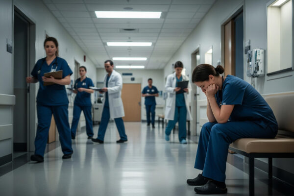 hospital staff in busy hallway