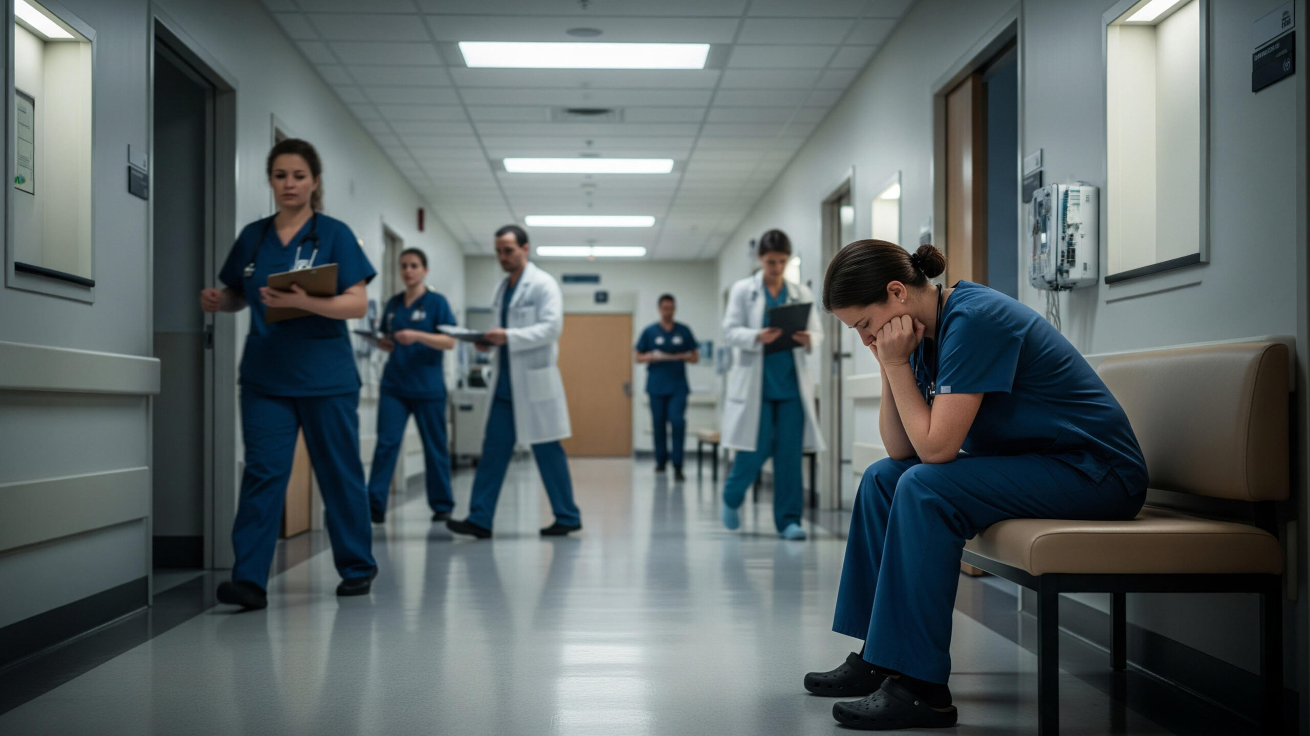 hospital staff in busy hallway