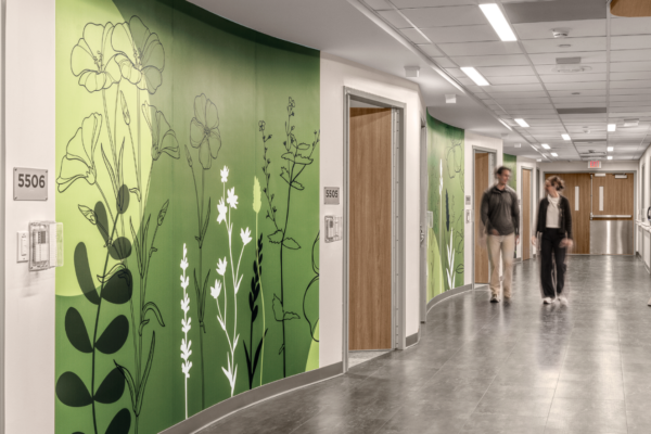 The inpatient unit is made up of four self-sufficient pods of 10-11 patient rooms each, supported by a shared core that has functions for staff breaks, nourishment, and workspaces.