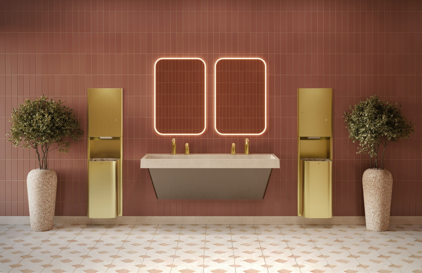 The Elvari washroom accessories collection from Bradley Corporation is a coordinated suite of commercial restroom fixtures designed to create a unified, modern aesthetic while enhancing functionality.