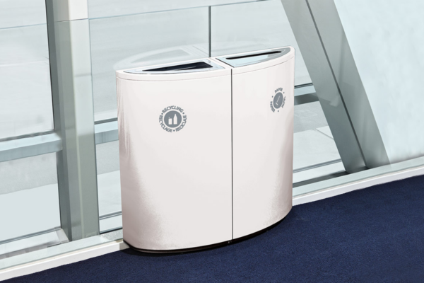 Designed by QDesign, SOTARE® is a modular family of curvilinear waste and recycling receptacles which includes a 34-gallon half-elliptical unit and 2 quarter-elliptical units.