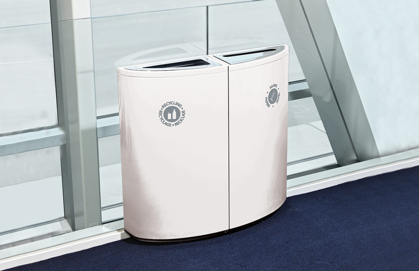 Designed by QDesign, SOTARE® is a modular family of curvilinear waste and recycling receptacles which includes a 34-gallon half-elliptical unit and 2 quarter-elliptical units.