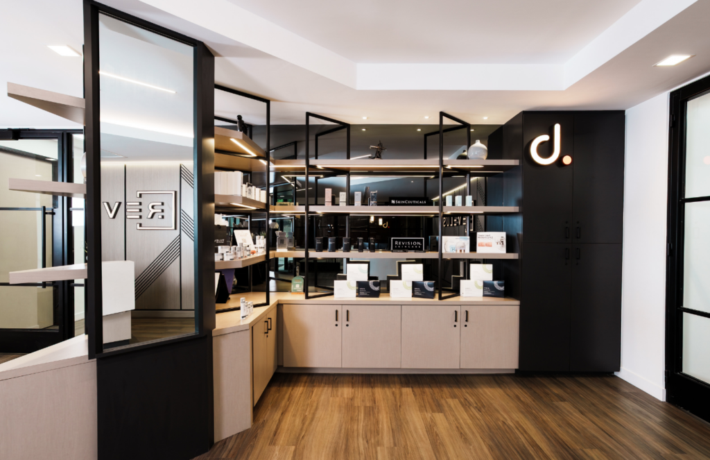 The skincare retail at Revelus Dermatology is integrated directly into the clinic’s patient experience, helping create a cohesive space that supports medical dermatology, aesthetics and product retail.