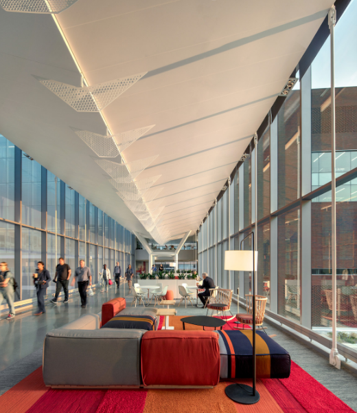 A glass-enclosed pedestrian bridge spans 250 feet across the site, serving as circulation space and as an extension of the learning environment where students can gather, study and collaborate.  