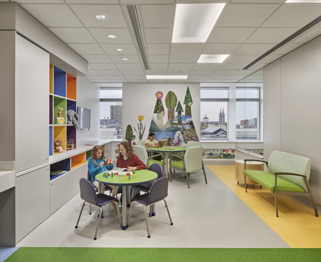 The family lounge at Boston Children's Hospital's Hale Family Building offers a dedicated space for patients and caregivers to step away from the clinical floor. 
