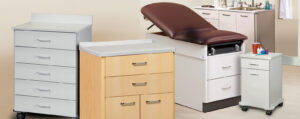 Mobile treatment cabinets by Clinton Industries Inc. are designed to move supplies or work surfaces closer to work or examination areas.