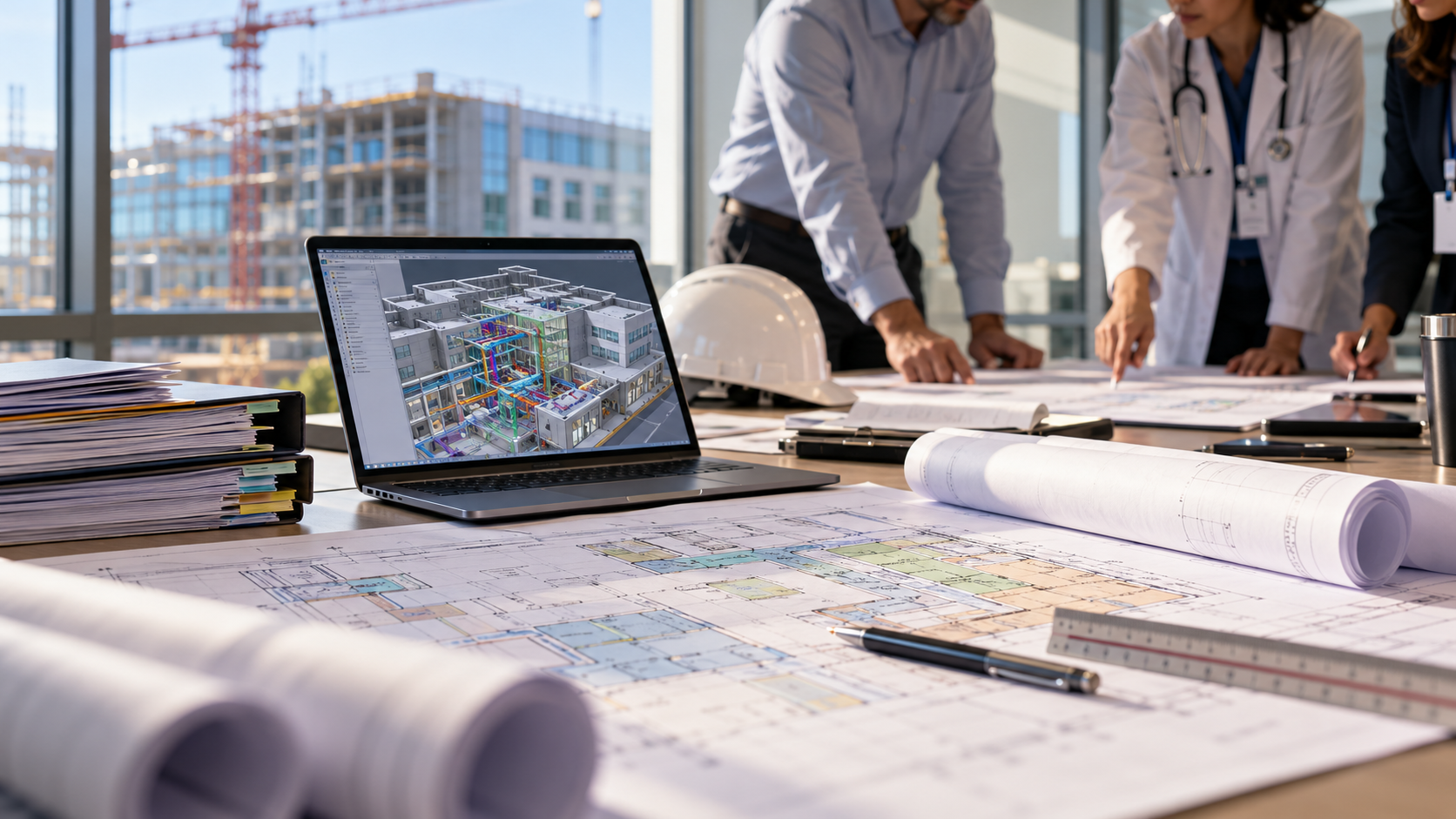 healthcare stakeholders meeting over construction data and plans